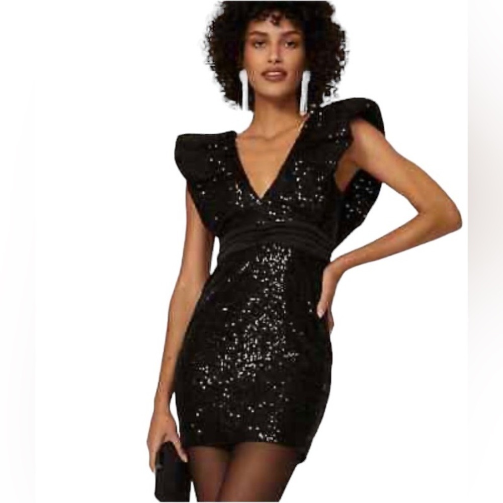 Elie Zeitoune Deep‎ V-Neck Black Sequined Mini Dress